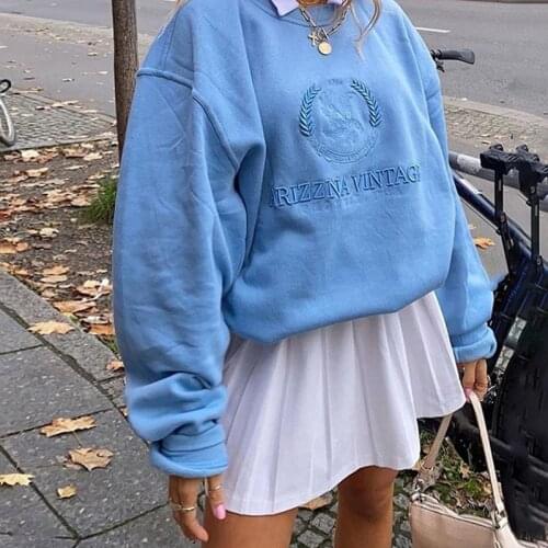 Womens Sweatshirt Y2K 2021 Autumn Friends Blue Embroidery Sweatshirts Streetwear Oversized 90S Vintage E-Girl Hoodies Crewneck