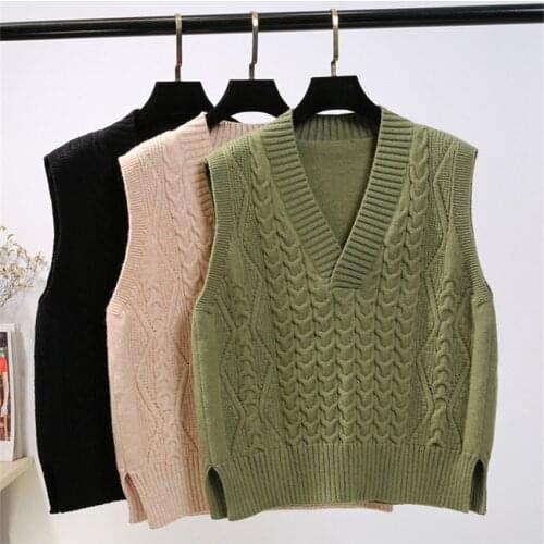 Autumn Winter Vest Women V-neck Sleeveless Sweater Vest Knitted Twist Waistcoat Female Outwear Veste Femme Dropshipping