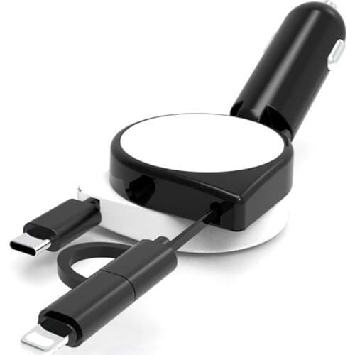 Car Charger Quick Charge 3.1A with Dual Retractable Cable Multifunctional 3 in 1 Adapter Compatible with Android Type-C iPhone