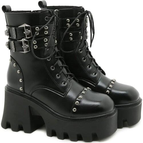 Patent Leather Gothic Platform Short Boots Women High Heels Fashion Metal Buckle Motorcycle Boots Punk Style Zipper Ankle Boots