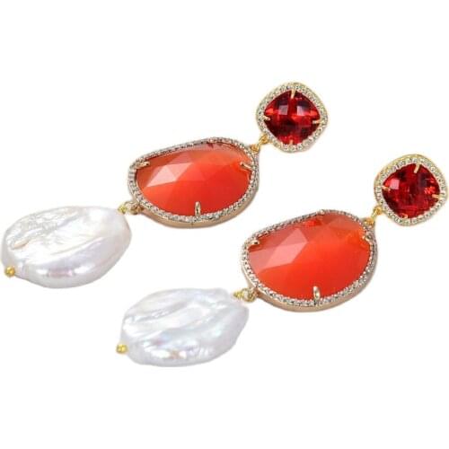 GG Jewelry Natural White Coin Pearl Cultured White Keshi Pearl Orange Crystal Cz Pace Hook Dangle Earrings