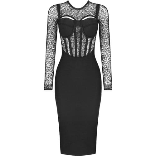 Lace Bandage Dress Long Sleeve O Neck Women Dress Ladies Clothing New Party Club Elegant Celebrity Vestidos