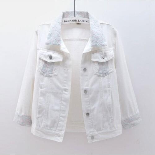 2020 Spring Autumn Denim Jacket Women 3/4 sleeve White Short Lace Jeans Coat Loose Single Breasted Harajuku Jacket Women G303
