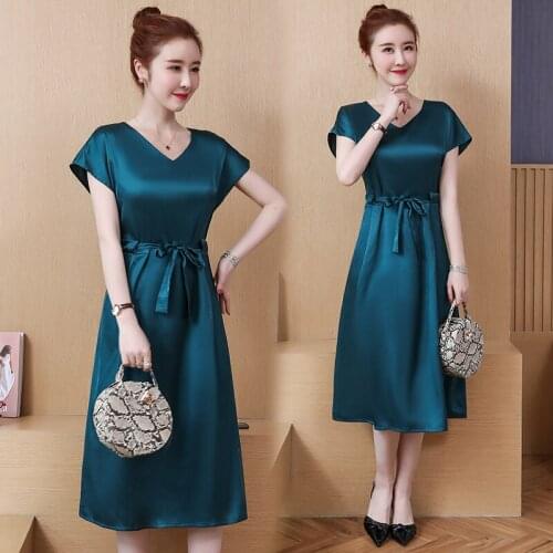 L-5XL Big Size Office Lady Party Loose Short Sleeve with belt sexy Plus Size Summer Black green Elegant Woman Cocktail dresses