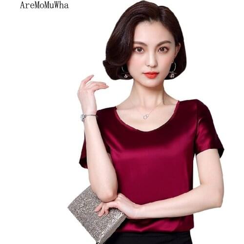 AreMoMuWha Summer New Silk Large Size Shirt Loose Outer Wear Silk Bottoming Shirt Wild Short-sleeved T-shirt Womens Clothing186