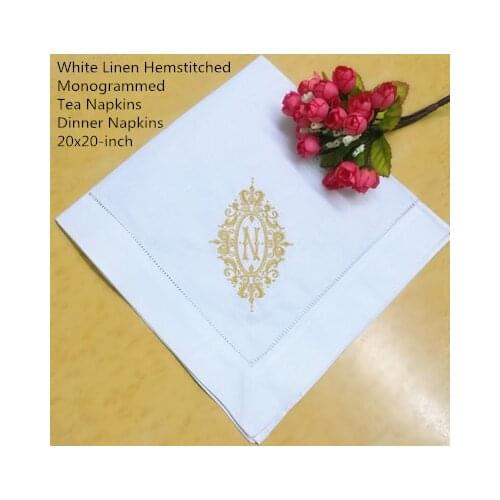 Set of 12 Fshion Monogrammed Dinner Napkins White linen Hemstitch Table Napkins 20"x20"Ladder Embroidered Initial N Tea Napkins