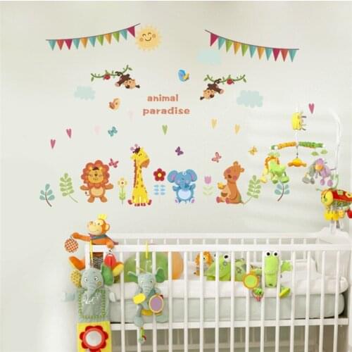 Forest lion giraffe monkey butterfly wall stickers for kids rooms home decor cartoon animals paradise wall decals pvc mural art