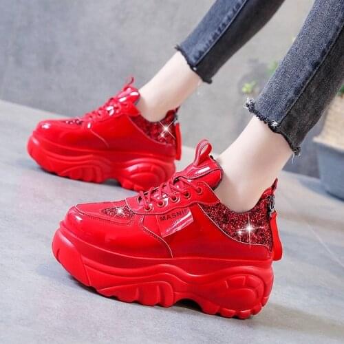 Miaoguan New Women Glitter Sneakers Casual Female Lace Up Zipper Platform Shoes Fashion Comfort Dad Chunky White Black Red