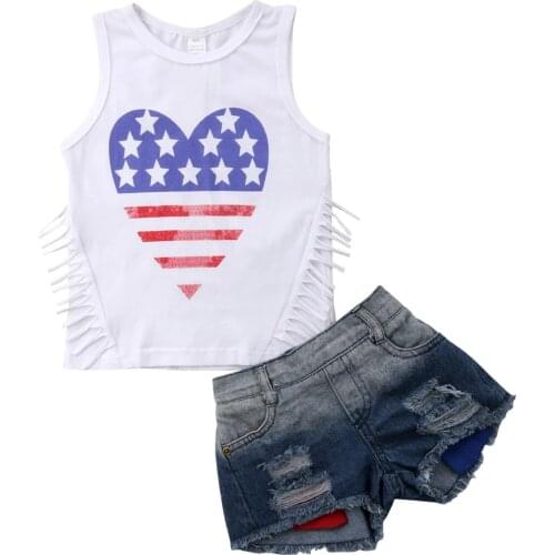 Toddler Kids Baby Girls Printed Sleeveless Tops Denim Shorts Outfits Clothes Summer Fashion Casual Kids Clothes Sets