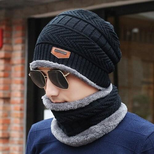 Autumn and Winter Velvet Hat Mens Knitted Hat Scarf Two Piece Leather Tag Ear Protection Warm Woolen Cap Novelty for Male