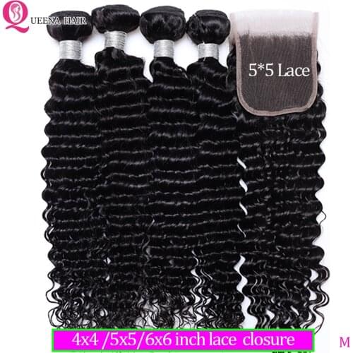 Queena Deep Wave Bundles With Closure 5x5 6x6 Lace Closure And 3 Bundles Brazilian Human Hair Weave Bundles With HD Lace Closure