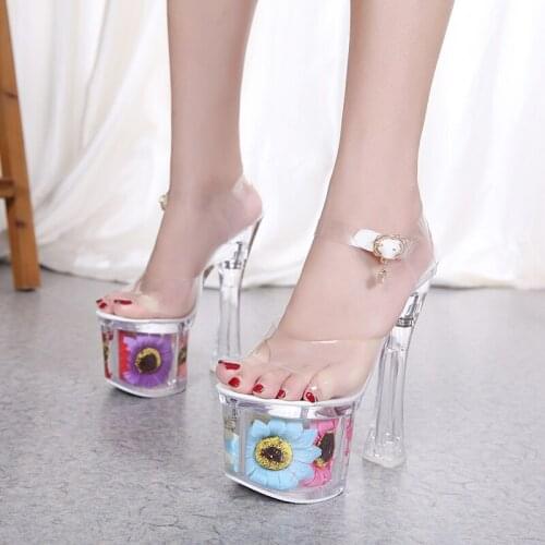 Square heel Women Sandals Summer Sun Flower Sexy Crystal Shoes Thin Heels 17cm Transparent Sandals Cool Size 34-43 Wedding Shoes