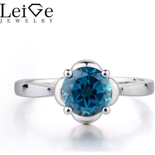 Leige Jewelry London Blue Topaz Ring Round Cut Solitaire Ring Engagement ring Plain Band Romantic Gifts For Woman 925 Silver