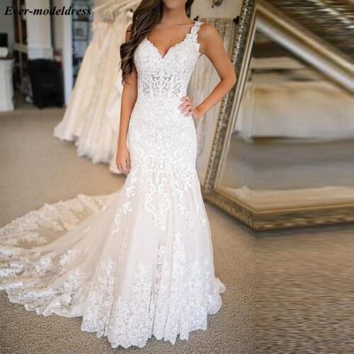 Vintage Mermaid Wedding Dresses 2019 Lace Appliques Straps Lace Up Back Sweep Train Bridal Gowns Bride Dress Robe De Mariee