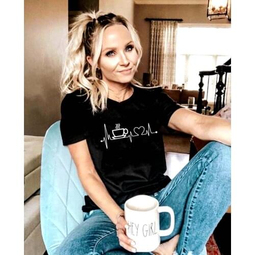 Coffee Love Heartbeat Lifeline Print Womens T-shirt 2020 Mom Life Harajuku Short Sleeve Summer Graphic Tees Female T Shirt Tops