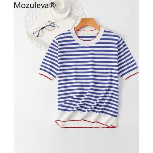 Mozuleva 2021 Summer Women Knitted Shirts O-Neck Striped Print Short Sleeve Basic Casual T-Shirt New Fashion Pullover Tops