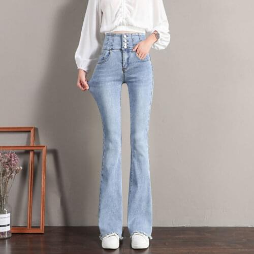 Micro Trumpet Jeans Womens Pants 2021 Female Spring Summer High Waist Slim Flare Denim Pants Ribbed Hem Boot Cut Long Pants