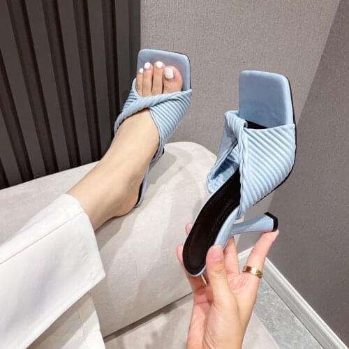 Modern Sandals Slingback Heel for Women 2021 New Sexy Pleated Square Open Toe Thin High Heels Big Size Wear-resistant Rubber