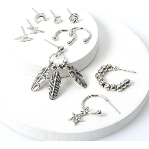 Boho Heart Moon Beads Hoop Earrings Set Fashion Silver Color Leaves Star Dangle Earrings-Set Women Party Jewelry Set Gift 2020