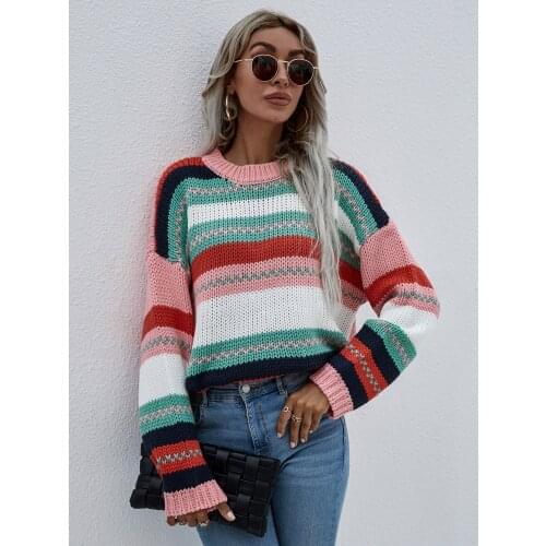 2021 Women Fashion Round Neck Sweaters Autumn Winter Long Sleeve Color Block Striped Loose Knitted Tops Streetwear Pullovers Top