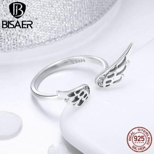 BISAER 925 Sterling Silver Open Size Angel Wings Feathers Adjustable Ring Finger Rings for Women Silver Wedding Jewelry ECR457
