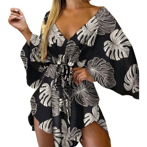 Dresses For Women 2021 V Neck Long Sleeve Mini Dress Ladies Evening Party Prom Gown Wrap Floral Dresses Vestidos De Fiestass