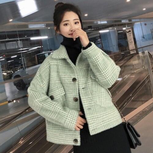 2021 New Winter Women Wool Blends Coat Plaid Long Sleeve Pocket Classic Woolen Overcoat Female OL Slim Warm Trench Jackets