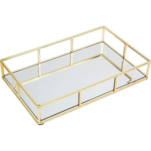 Gold Mirrored Tray Decorative Countertop Organizer Ornate Vanity Decor Bathroom Accessories Jewelry Display Home Kitchen Decor