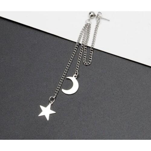 1Pc Titanium Moon Star Leaf Pendant Double Chain Drop Earring Korean Jewelry E56A