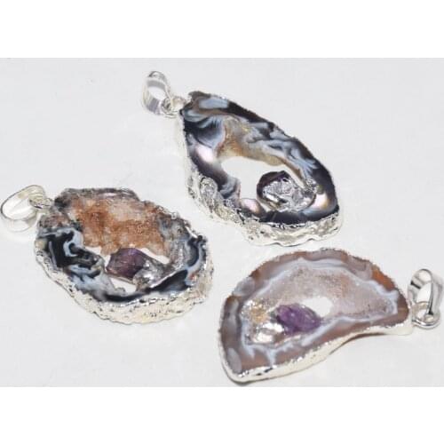 2019 Silver Plated Natural geode druzy necklaces pendant with amethysts polish grey black raw druzy quartz slice point pendant
