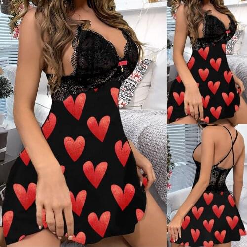 2021 Women Erotic Pajamas Set Lingerie Valentine Printing Sexy Nightdress Lace Sleepwear Lenceria Sensual Mujer Pijama Underwear