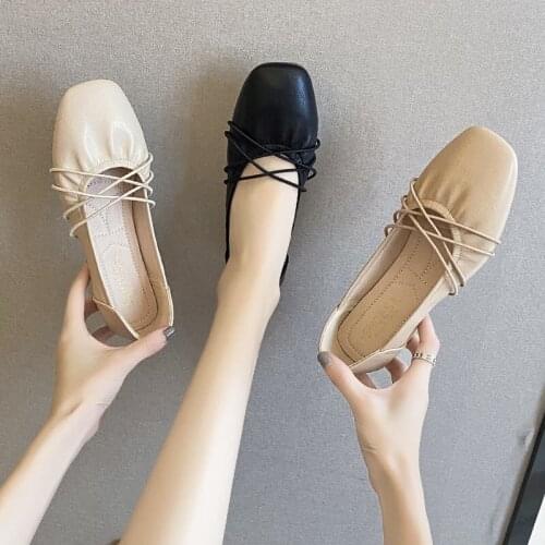 Womens shoes fashion spring and summer shoes leisure leather Ballet Flat Shoes square toe non slip womens flat heel shoes