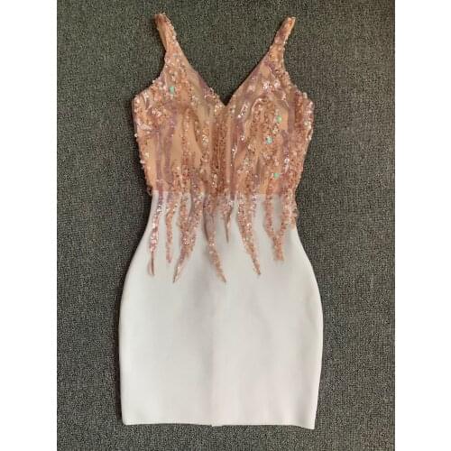 High Quality Pink White V-neck Bodycon Rayon Bandage Dress Elegant Evening Party Dress Vestidos