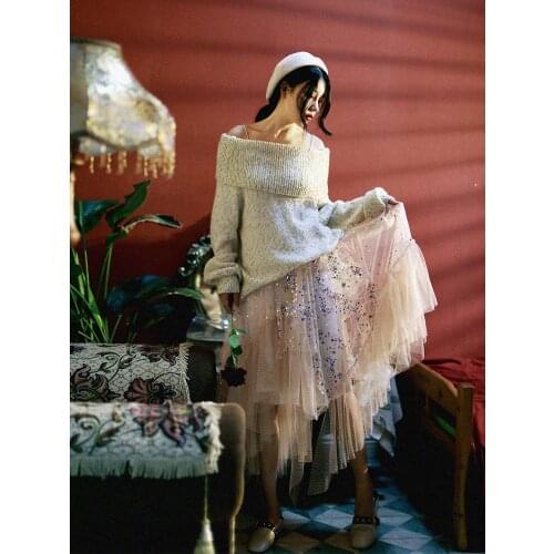 Free Shipping 2019 New Fashion Lace Guaze Long Maxi Skirts For Women Summer Ladies Khaki Asymmetrical Skirts Sequins buling M-L