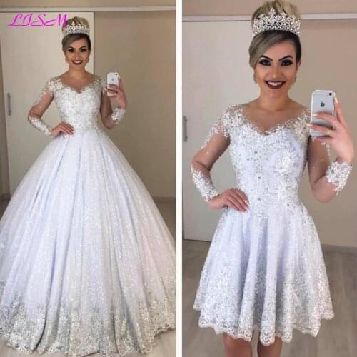 Lace Wedding Dresses Two Pieces Sequined Beaded Bridal Gowns Sheer Long Sleeves Ball Gown Wedding Dress 2020
