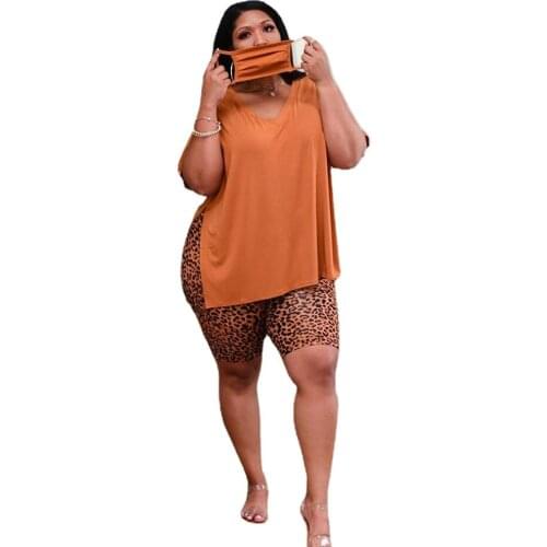 Fashion Casual Split T-shirt Leopard Print Shorts Two-piece Suit Plus Size O-neck Short Women Suit Drop Shipping