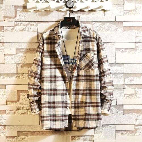 2021 Mens Plaid Harajuku Clothing Spring Autumn Long Sleeves New Flannel Collar Korea Style Shirt