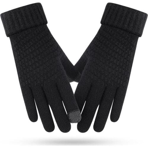 Men Women Black Knitted Gloves Autumn Winter Outdoor Stretch Elastic Warm Full Finger Cycling Gloves Touch Screen Thick Mittens
