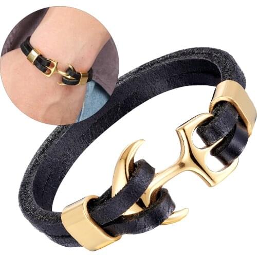 High Quality Men Titanium Steel Bracelet Black Personality Leather Woven Anchor Leather Bracelet Rope Wrap Bracelet for Men Gift