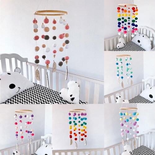 Nordic Colorful Fuzzy Balls Wooden Leaves Wind Chime Room Crib Hanging Ornament