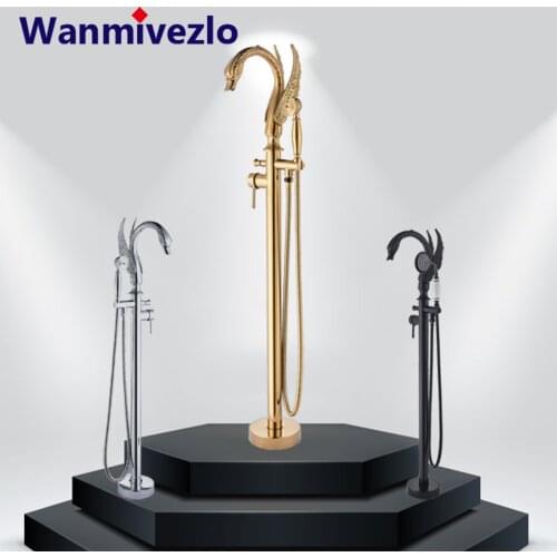 Swan Shape Spout Bathtub Faucet Freestanding Bathroom Bath Tub Mixer Tap Single Handle With Handshower Floor Mounted Bath Shower