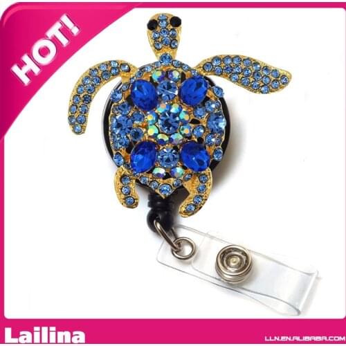Rhinestone Retractable Badge Reel/ID Badge Holder/Brooch/Pendant /Id Badge Holder( Gold Plated Blue Rhinestone Turtle )