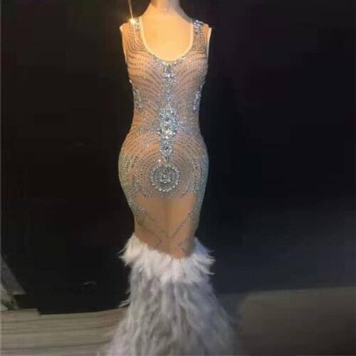 High Quality Sleeveless Maxi Dress Fashion Show Shining Beading Feather Celebrity Evening Party Dress Summer Vestidos Drop Ship