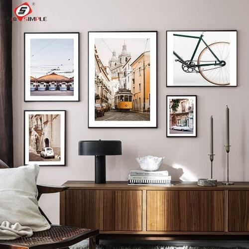 Vintage Car Posters Livingroom Wall Art Print Canvas Old Italian Town Lisbon Painting Cuba Gothenburg Retro Bike Decor Pictures