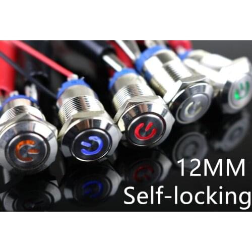 Self-locking 1Pc 12mm waterproof Metal Push Button Switch LED light 3V 5V 6V 12V 24V 36V 48V 110V 220V RED BLUE GREEN YELLOW