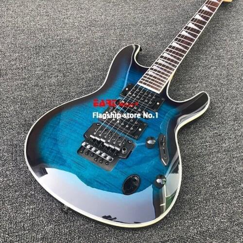 High quality electric guitar, tiger maple veneer, blue paint, double vibrato system, silver accessories, postage