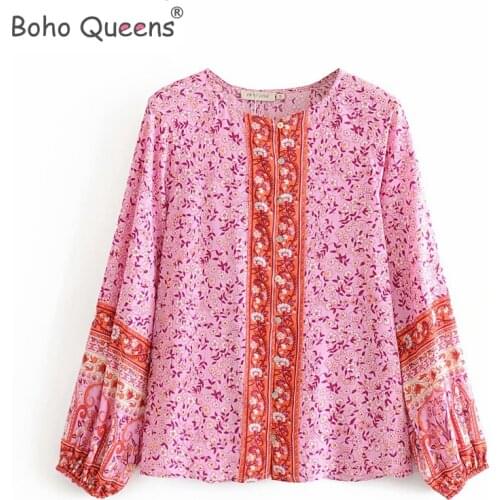 Happie chic women floral printed v-neck lace-up Boho blouse shirts Ladies rayon long sleeve shirts bohemian blusas