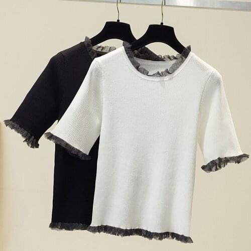 Knitted Short Sleeve Lace Stitch Plus Size Spring Autumn Summer Vintage Clothes For Women Oversized T-Shirt Tops Blouses 2021
