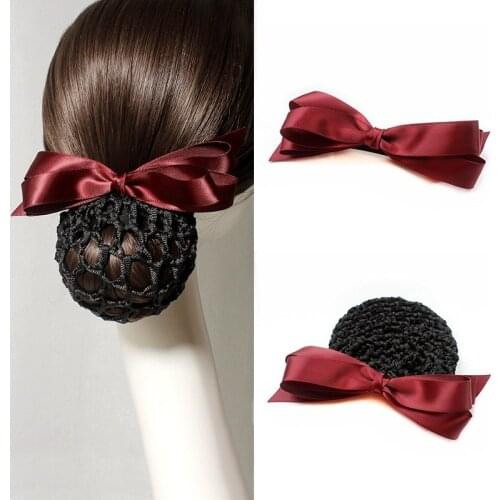 Ladies Handmade Red Solid Ribbon Flower Bow Tie Barrette Clips Cover Hairpins Net Bun Snood Office Nurse Girls Hair Accessories