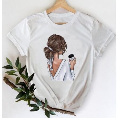 T-shirts Women 2021 Coffee Clothing Sweet Girl 90s Cartoon Printing Clothes Stylish Tshirt Top Lady Print Ladies Tee T-Shirt